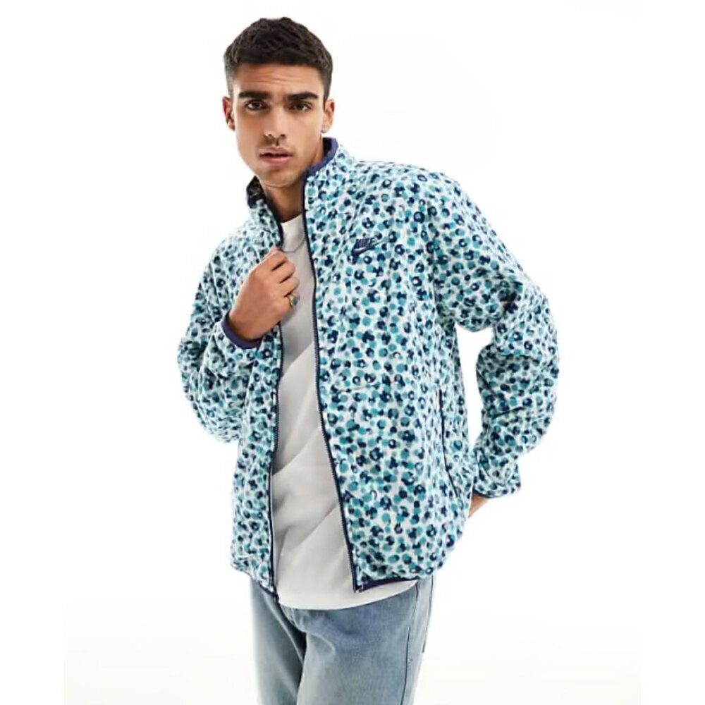 NIKE Men Club Fleece SZ M Soft Full Zip Jacket Mineral Teal Navy Animal Pockets